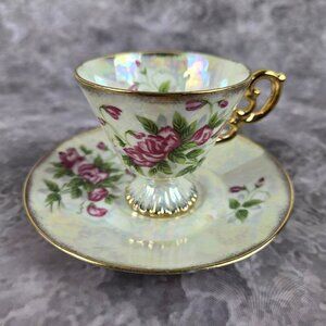 Vintage Norleans Demitasse Cup & Saucer "April - Sweetpea" Iridescent Glaze Gold